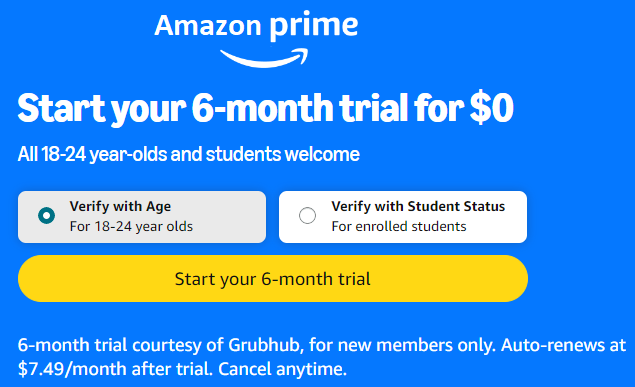 Amazon Prime for Young Adults 6-month Trial